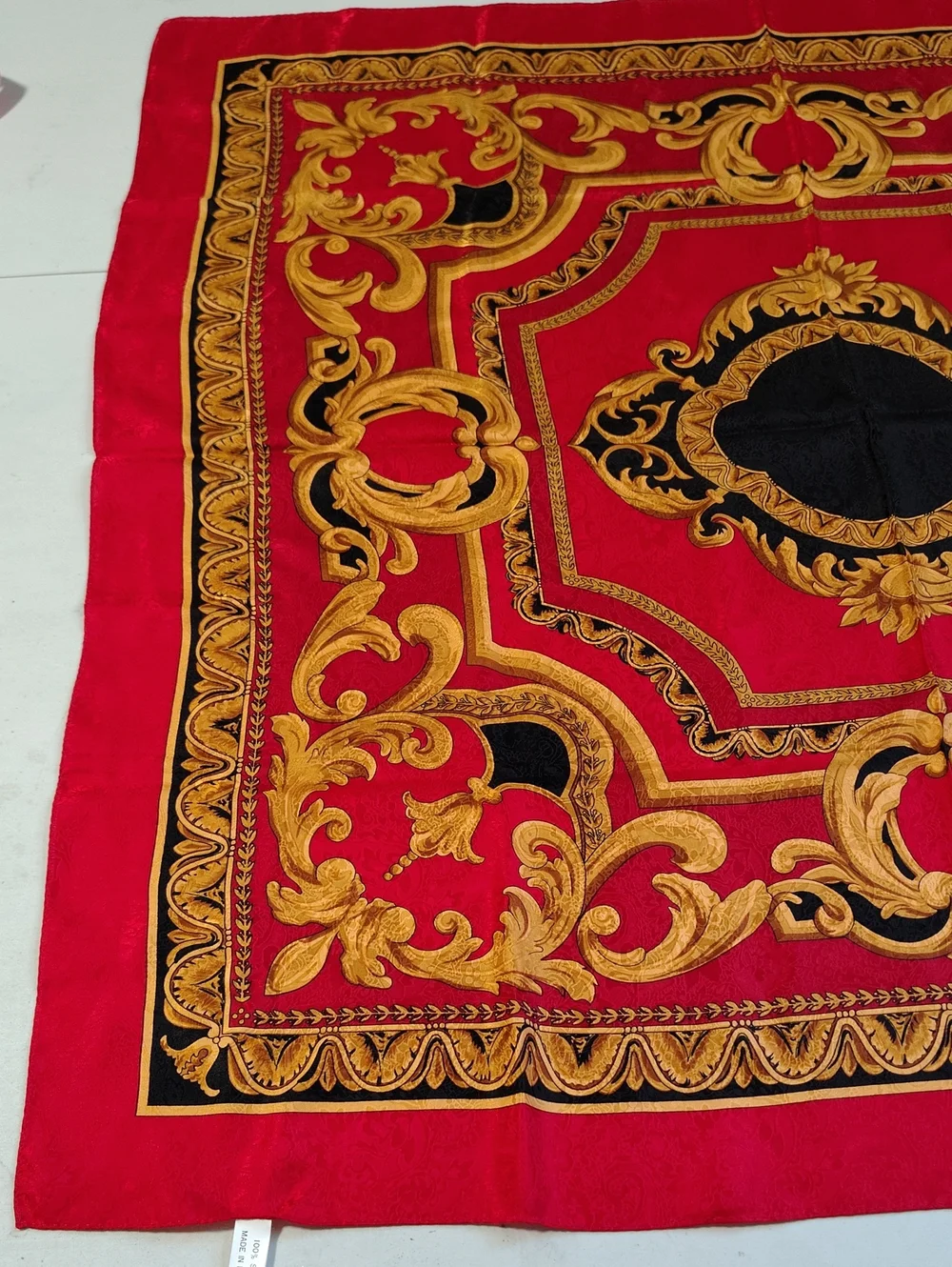 Vintage 100% Silk Red Gold Baroque Print Square Large Scarf 